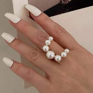 Geometric Pearl Paved Adjustable Ring